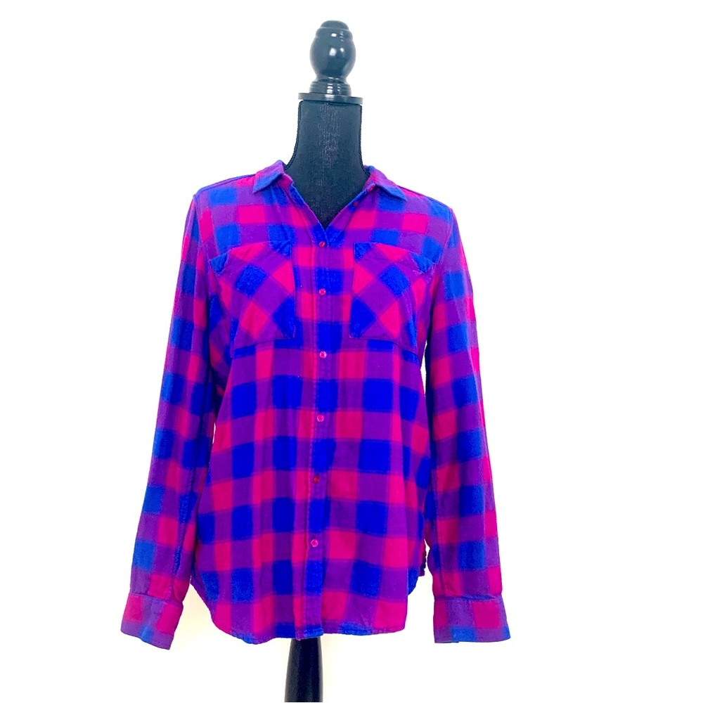 Express S Soft Plaid Boyfriend Casual Long Sleeve Shirt Pink and Blue